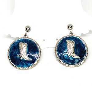 Vtg Silver Tone Cowboy Cowgirl Western Boot Clip Earrings Blue Enamel Dangle